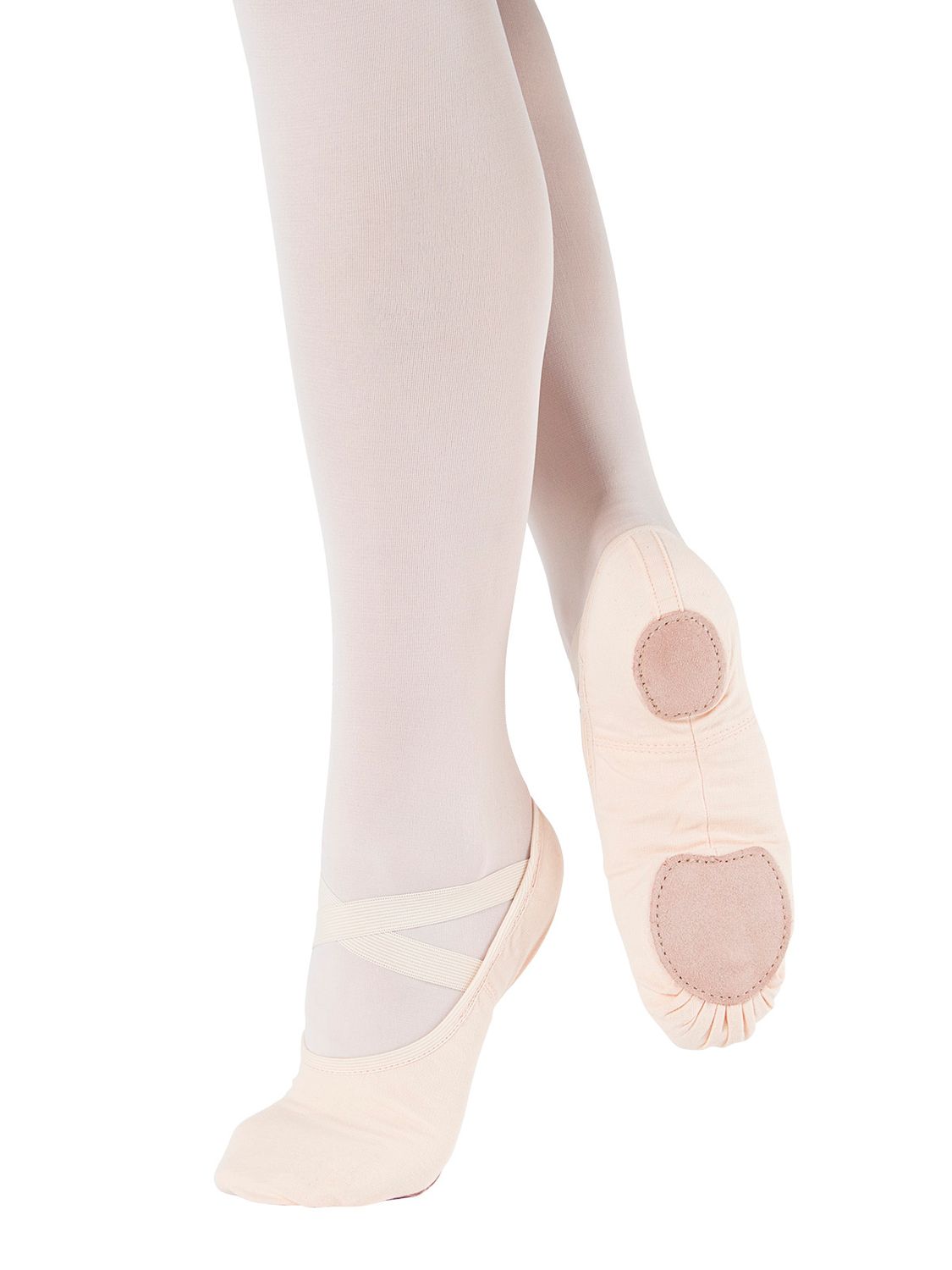 Nahaufnahme der Beine der Tänzerin in rosa Strumpfhosen und Rumpf SD16 Só Dança Ballettschläppchen, ein Fuß auf den Zehenspitzen.